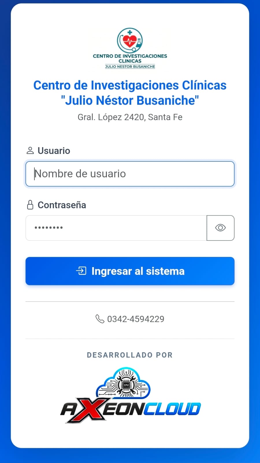 Pantalla real de acceso del Centro de Investigaciones Clínicas Julio Néstor Busaniche